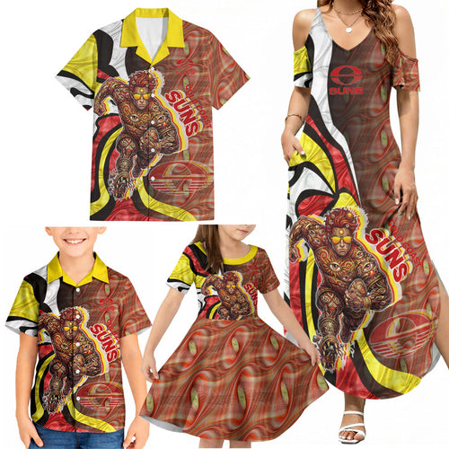 Personalised Gold Coast Suns Family Matching Summer Maxi Dress and Hawaiian Shirt Trippy Psychedelic Abstract Art Mascot Football Fans