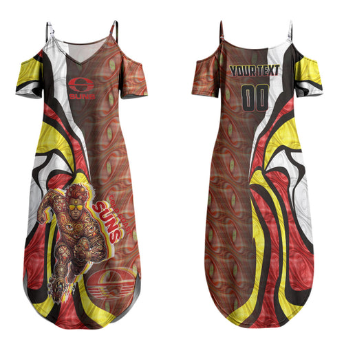 Personalised Gold Coast Suns Family Matching Summer Maxi Dress and Hawaiian Shirt Trippy Psychedelic Abstract Art Mascot Football Fans