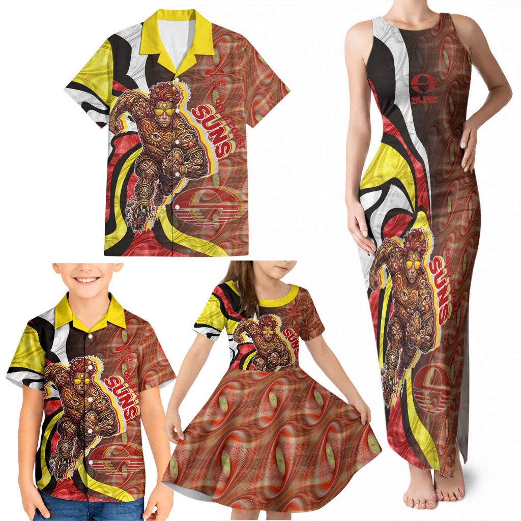 Personalised Gold Coast Suns Family Matching Tank Maxi Dress and Hawaiian Shirt Trippy Psychedelic Abstract Art Mascot Football Fans