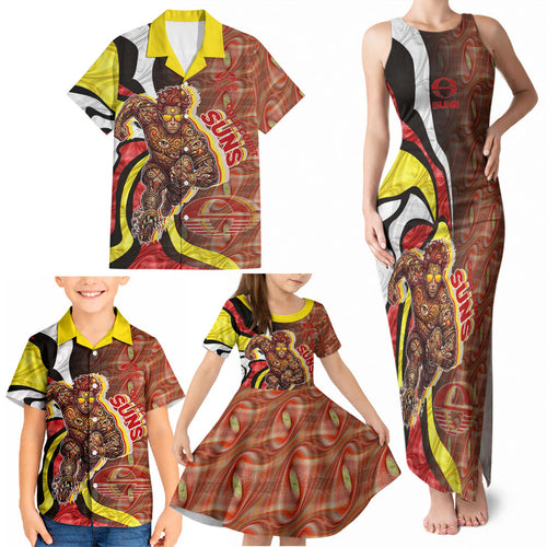 Personalised Gold Coast Suns Family Matching Tank Maxi Dress and Hawaiian Shirt Trippy Psychedelic Abstract Art Mascot Football Fans