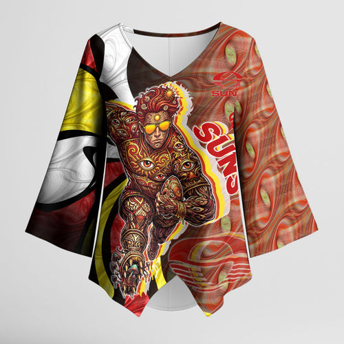Personalised Gold Coast Suns Kimono Sleeve Blouse Trippy Psychedelic Abstract Art Mascot Football Fans