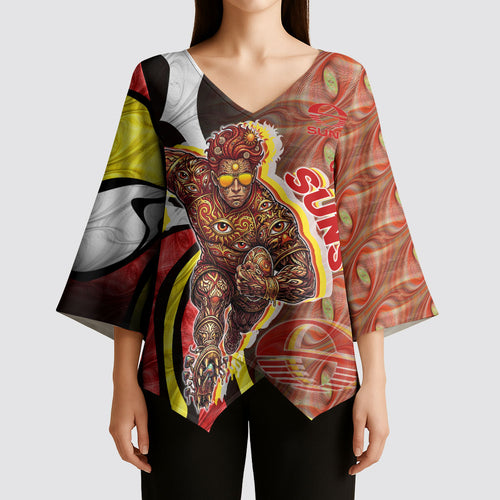 Personalised Gold Coast Suns Kimono Sleeve Blouse Trippy Psychedelic Abstract Art Mascot Football Fans