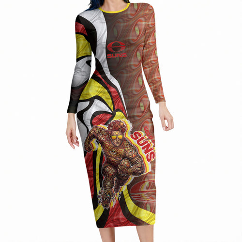 Personalised Gold Coast Suns Long Sleeve Bodycon Dress Trippy Psychedelic Abstract Art Mascot Football Fans