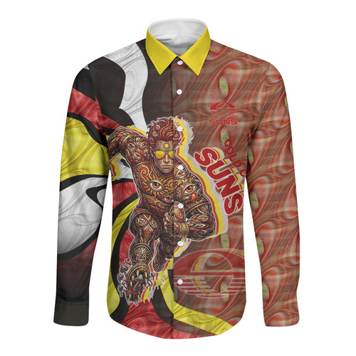 Personalised Gold Coast Suns Long Sleeve Button Shirt Trippy Psychedelic Abstract Art Mascot Football Fans