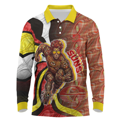 Personalised Gold Coast Suns Long Sleeve Polo Shirt Trippy Psychedelic Abstract Art Mascot Football Fans
