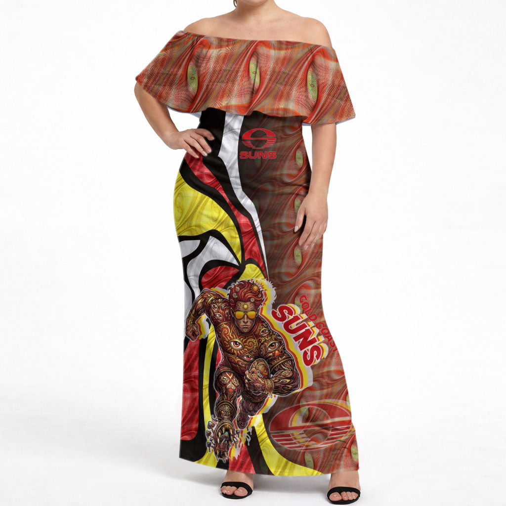 Personalised Gold Coast Suns Off Shoulder Maxi Dress Trippy Psychedelic Abstract Art Mascot Football Fans