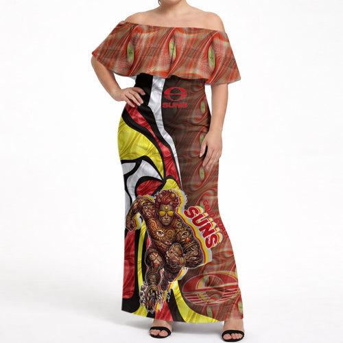 Personalised Gold Coast Suns Off Shoulder Maxi Dress Trippy Psychedelic Abstract Art Mascot Football Fans