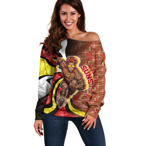 Personalised Gold Coast Suns Off Shoulder Sweater Trippy Psychedelic Abstract Art Mascot Football Fans