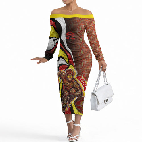 Personalised Gold Coast Suns Off The Shoulder Long Sleeve Dress Trippy Psychedelic Abstract Art Mascot Football Fans