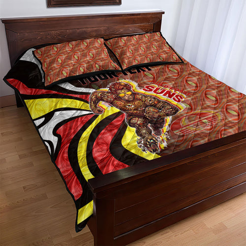 Personalised Gold Coast Suns Quilt Bed Set Trippy Psychedelic Abstract Art Mascot Football Fans