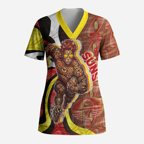 Personalised Gold Coast Suns Scrub Top Trippy Psychedelic Abstract Art Mascot Football Fans