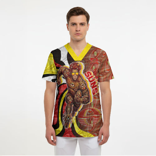 Personalised Gold Coast Suns Scrub Top Trippy Psychedelic Abstract Art Mascot Football Fans