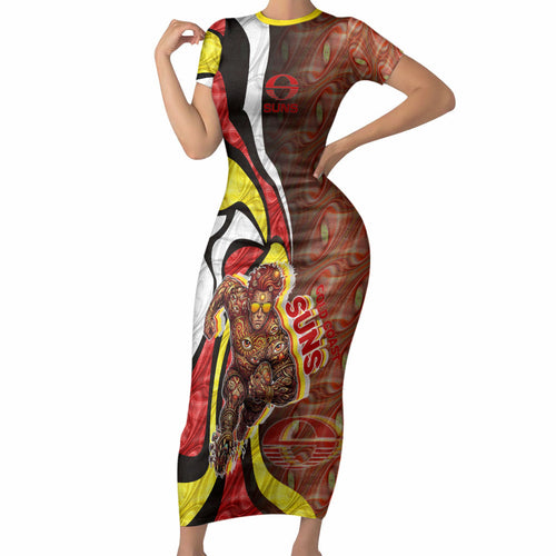 Personalised Gold Coast Suns Short Sleeve Bodycon Dress Trippy Psychedelic Abstract Art Mascot Football Fans