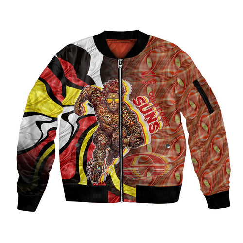 Personalised Gold Coast Suns Sleeve Zip Bomber Jacket Trippy Psychedelic Abstract Art Mascot Football Fans