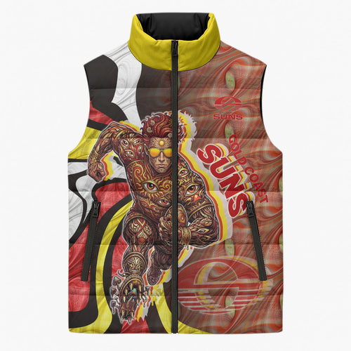Personalised Gold Coast Suns Sleeveless Puffer Jacket Trippy Psychedelic Abstract Art Mascot Football Fans