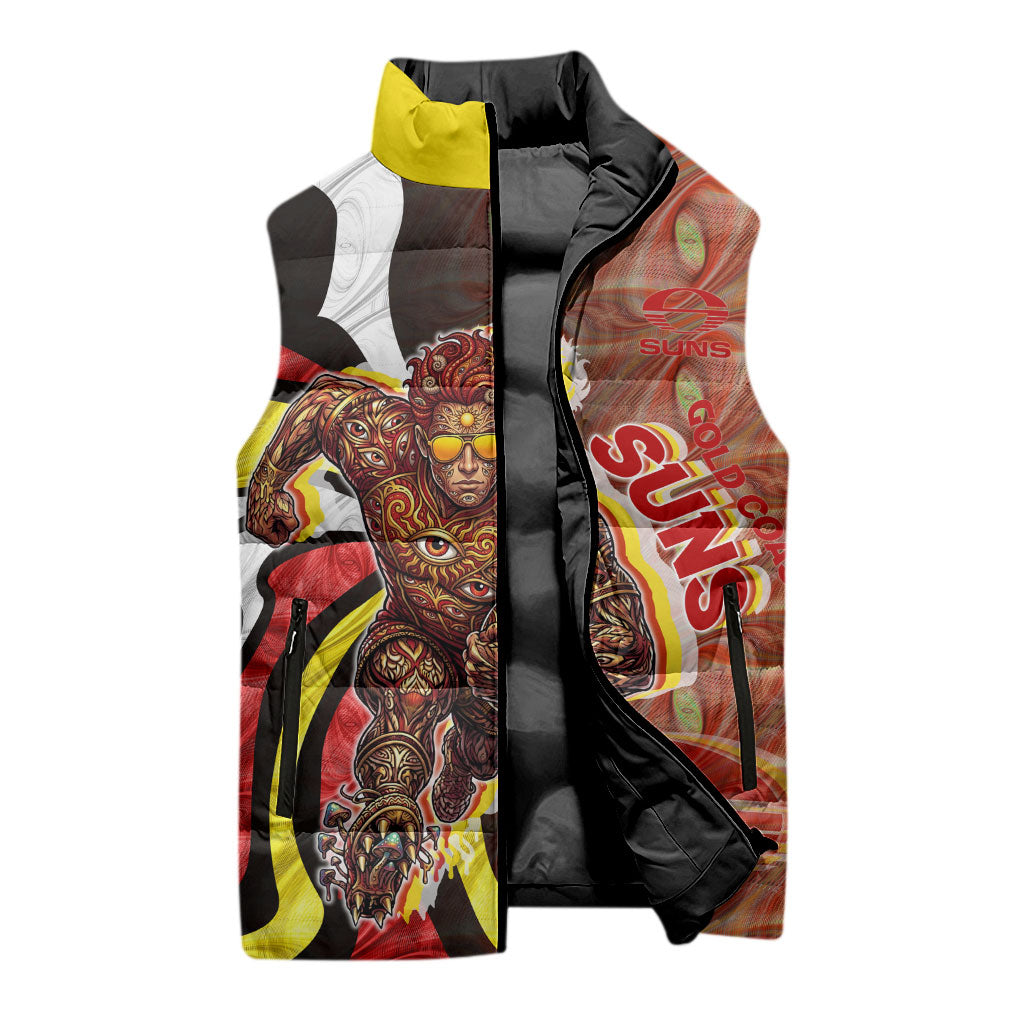 Personalised Gold Coast Suns Sleeveless Puffer Jacket Trippy Psychedelic Abstract Art Mascot Football Fans