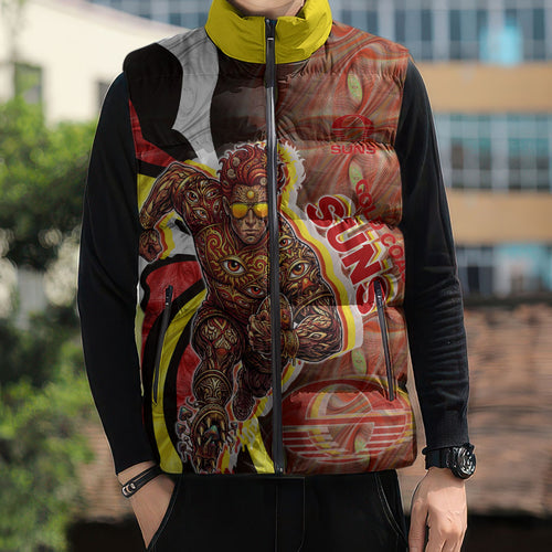 Personalised Gold Coast Suns Sleeveless Puffer Jacket Trippy Psychedelic Abstract Art Mascot Football Fans