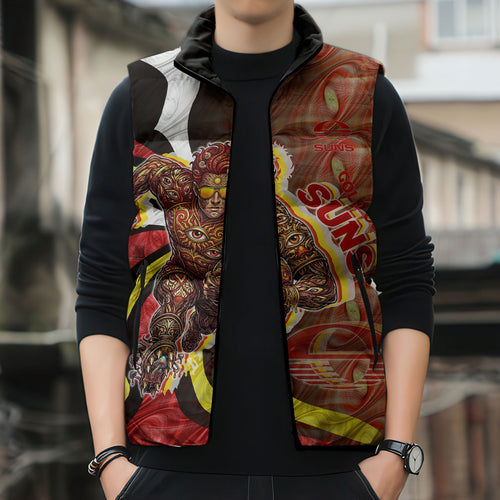 Personalised Gold Coast Suns Sleeveless Puffer Jacket Trippy Psychedelic Abstract Art Mascot Football Fans