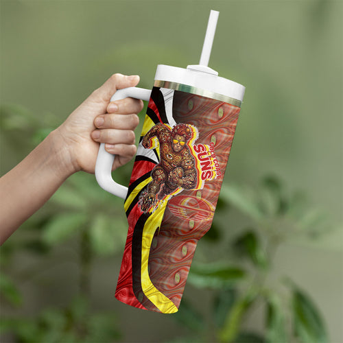 Personalised Gold Coast Suns Tumbler With Handle Trippy Psychedelic Abstract Art Mascot Football Fans