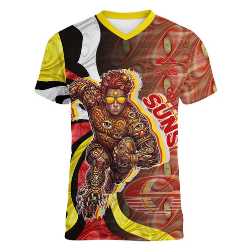 Personalised Gold Coast Suns Women V-Neck T-Shirt Trippy Psychedelic Abstract Art Mascot Football Fans