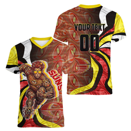 Personalised Gold Coast Suns Women V-Neck T-Shirt Trippy Psychedelic Abstract Art Mascot Football Fans