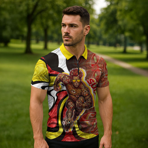 Personalised Gold Coast Suns Zipper Polo Shirt Trippy Psychedelic Abstract Art Mascot Football Fans