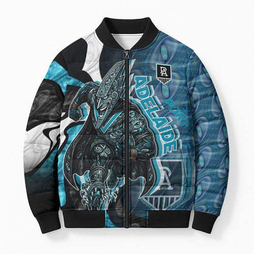 Personalised Port Adelaide Bomber Puffer Jacket Trippy Psychedelic Abstract Art Mascot Football Fans