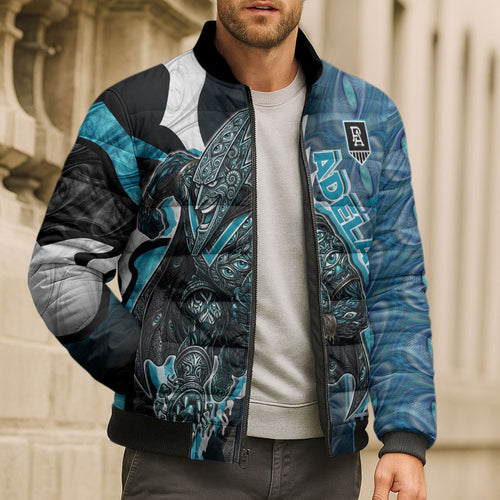 Personalised Port Adelaide Bomber Puffer Jacket Trippy Psychedelic Abstract Art Mascot Football Fans