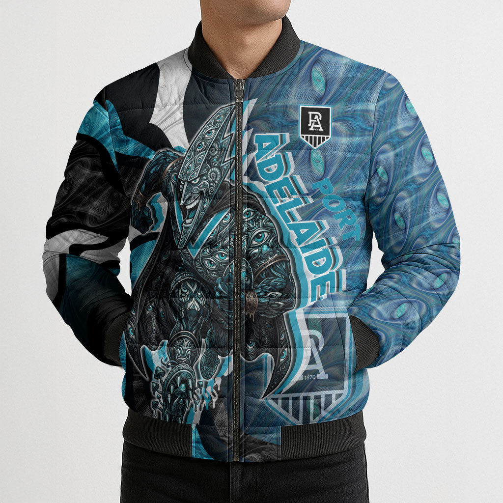 Personalised Port Adelaide Bomber Puffer Jacket Trippy Psychedelic Abstract Art Mascot Football Fans
