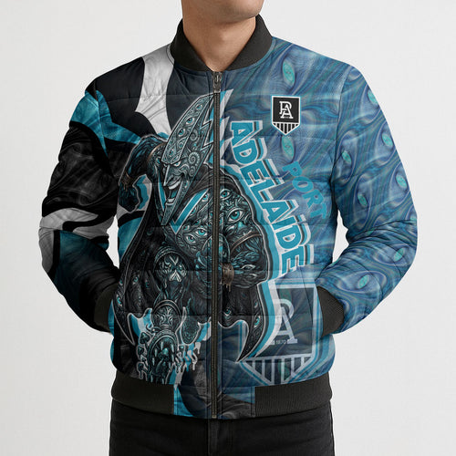 Personalised Port Adelaide Bomber Puffer Jacket Trippy Psychedelic Abstract Art Mascot Football Fans