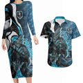 Personalised Port Adelaide Couples Matching Long Sleeve Bodycon Dress and Hawaiian Shirt Trippy Psychedelic Abstract Art Mascot Football Fans