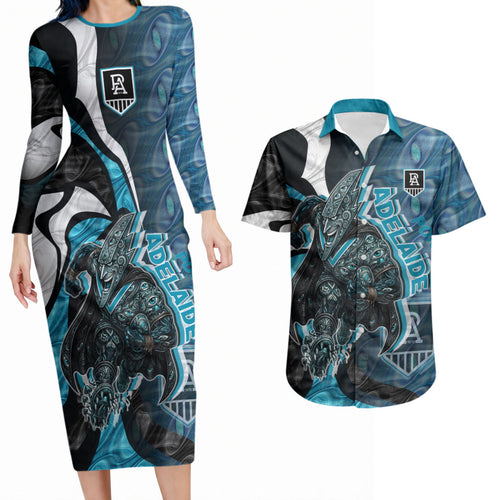 Personalised Port Adelaide Couples Matching Long Sleeve Bodycon Dress and Hawaiian Shirt Trippy Psychedelic Abstract Art Mascot Football Fans