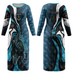 Personalised Port Adelaide Couples Matching Long Sleeve Bodycon Dress and Hawaiian Shirt Trippy Psychedelic Abstract Art Mascot Football Fans