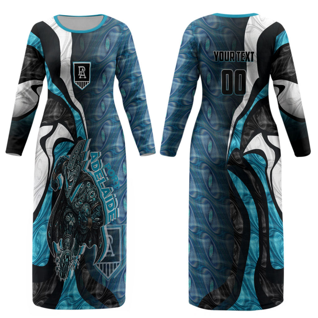 Personalised Port Adelaide Couples Matching Long Sleeve Bodycon Dress and Hawaiian Shirt Trippy Psychedelic Abstract Art Mascot Football Fans