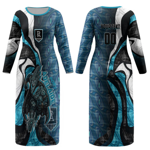 Personalised Port Adelaide Couples Matching Long Sleeve Bodycon Dress and Hawaiian Shirt Trippy Psychedelic Abstract Art Mascot Football Fans