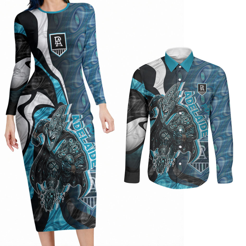 Personalised Port Adelaide Couples Matching Long Sleeve Bodycon Dress and Long Sleeve Button Shirt Trippy Psychedelic Abstract Art Mascot Football Fans