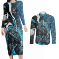 Personalised Port Adelaide Couples Matching Long Sleeve Bodycon Dress and Long Sleeve Button Shirt Trippy Psychedelic Abstract Art Mascot Football Fans