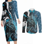 Personalised Port Adelaide Couples Matching Long Sleeve Bodycon Dress and Long Sleeve Button Shirt Trippy Psychedelic Abstract Art Mascot Football Fans