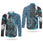 Personalised Port Adelaide Couples Matching Long Sleeve Bodycon Dress and Long Sleeve Button Shirt Trippy Psychedelic Abstract Art Mascot Football Fans