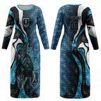 Personalised Port Adelaide Couples Matching Long Sleeve Bodycon Dress and Long Sleeve Button Shirt Trippy Psychedelic Abstract Art Mascot Football Fans