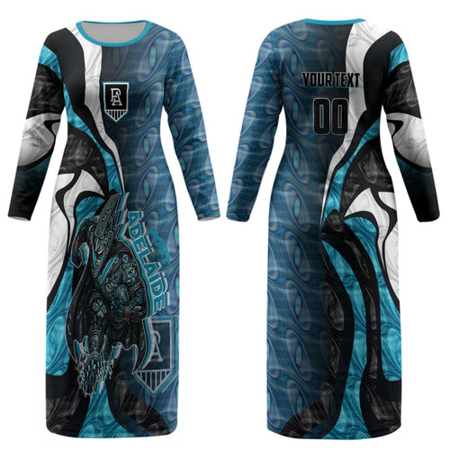 Personalised Port Adelaide Couples Matching Long Sleeve Bodycon Dress and Long Sleeve Button Shirt Trippy Psychedelic Abstract Art Mascot Football Fans