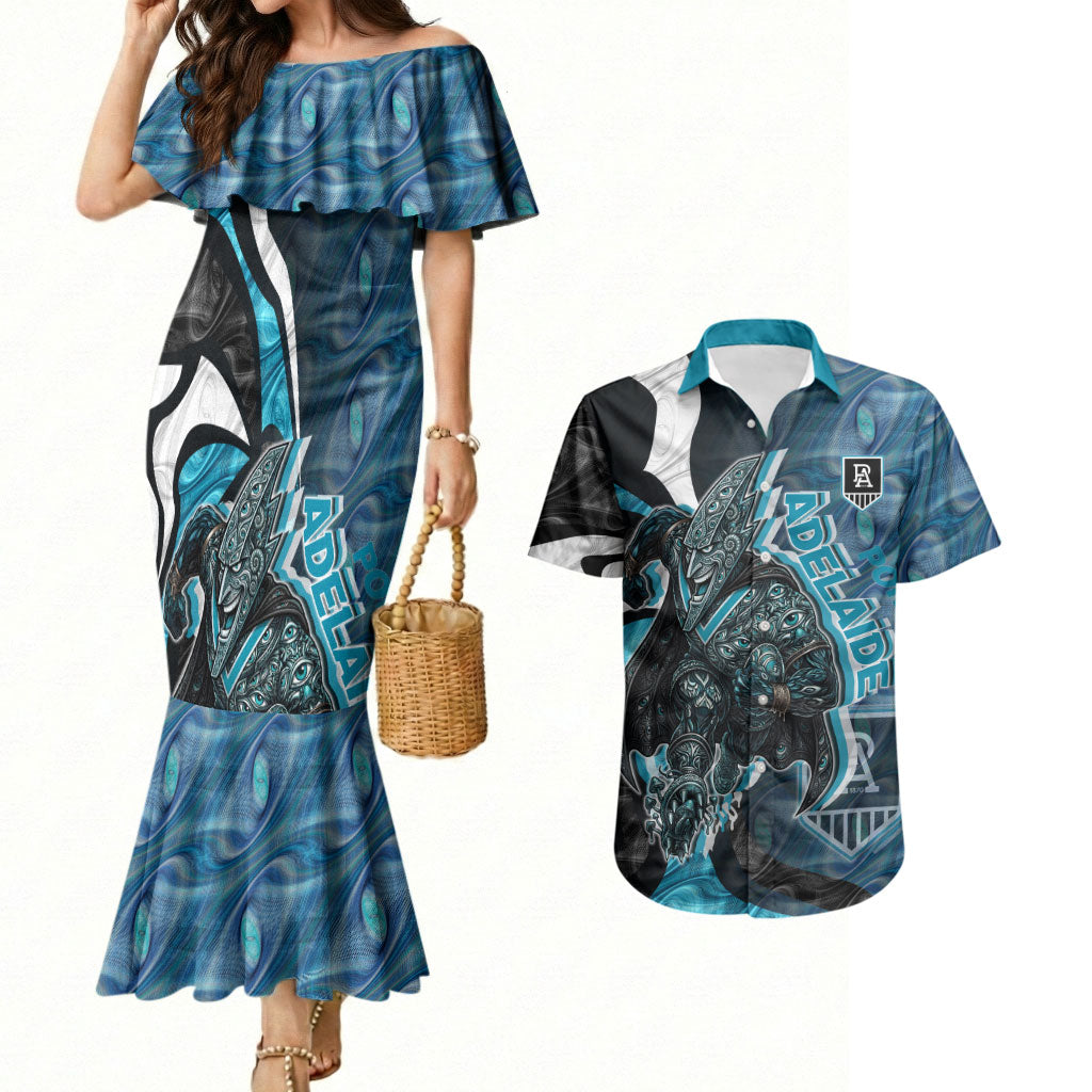 Personalised Port Adelaide Couples Matching Mermaid Dress and Hawaiian Shirt Trippy Psychedelic Abstract Art Mascot Football Fans