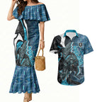 Personalised Port Adelaide Couples Matching Mermaid Dress and Hawaiian Shirt Trippy Psychedelic Abstract Art Mascot Football Fans