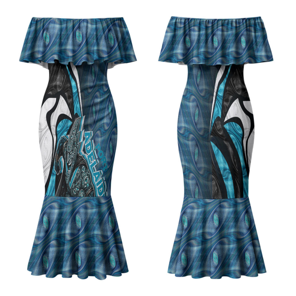 Personalised Port Adelaide Couples Matching Mermaid Dress and Hawaiian Shirt Trippy Psychedelic Abstract Art Mascot Football Fans