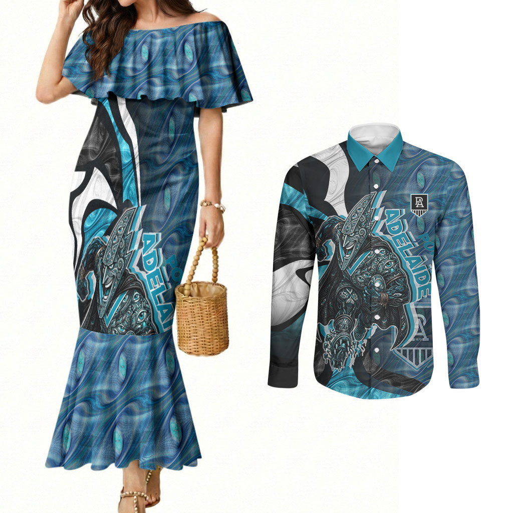 Personalised Port Adelaide Couples Matching Mermaid Dress and Long Sleeve Button Shirt Trippy Psychedelic Abstract Art Mascot Football Fans
