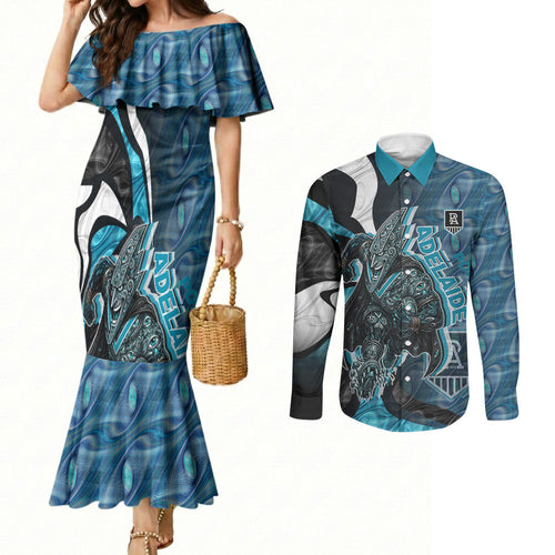 Personalised Port Adelaide Couples Matching Mermaid Dress and Long Sleeve Button Shirt Trippy Psychedelic Abstract Art Mascot Football Fans