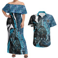 Personalised Port Adelaide Couples Matching Off Shoulder Maxi Dress and Hawaiian Shirt Trippy Psychedelic Abstract Art Mascot Football Fans