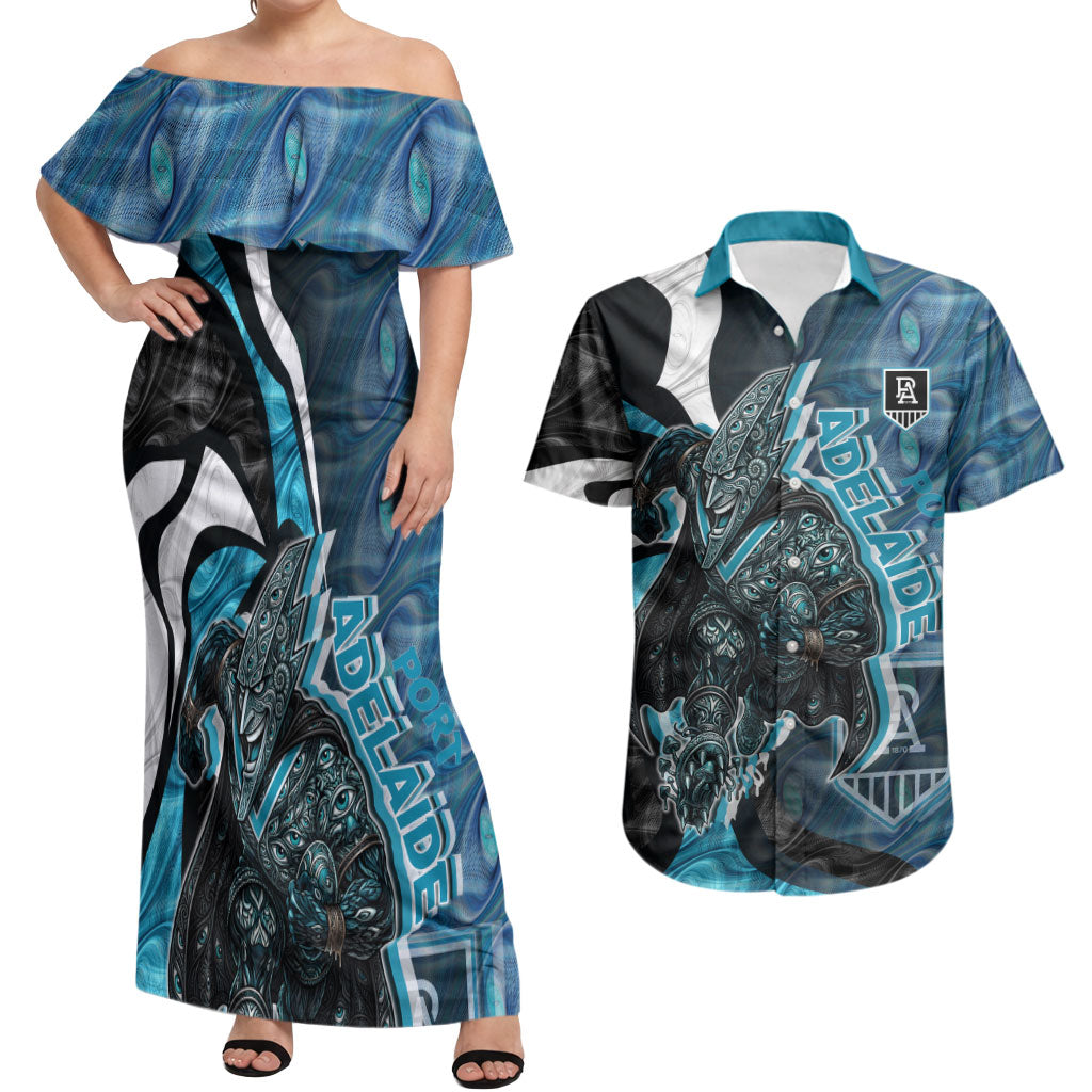 Personalised Port Adelaide Couples Matching Off Shoulder Maxi Dress and Hawaiian Shirt Trippy Psychedelic Abstract Art Mascot Football Fans