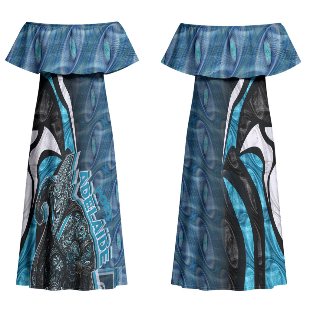 Personalised Port Adelaide Couples Matching Off Shoulder Maxi Dress and Hawaiian Shirt Trippy Psychedelic Abstract Art Mascot Football Fans