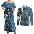 Personalised Port Adelaide Couples Matching Off Shoulder Maxi Dress and Long Sleeve Button Shirt Trippy Psychedelic Abstract Art Mascot Football Fans